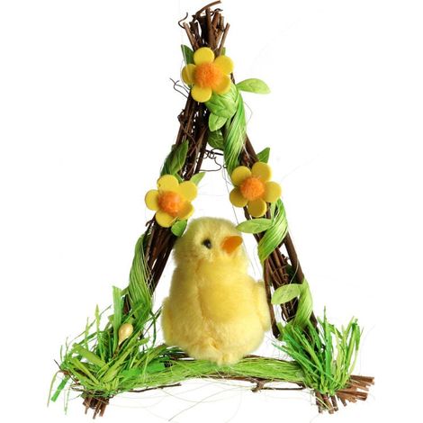 Colgante decorativo: Pollo de peluche en una casita de ramas, 18 cm. (1/3)