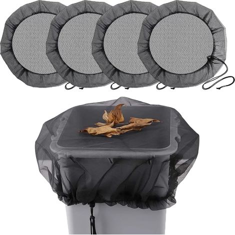 4 Pièces Housse pour Tonneau, Cordon De Serrage, Filet Protection, Polyester Noir, Pour Citerne De Pluie Extérieur (1/5)