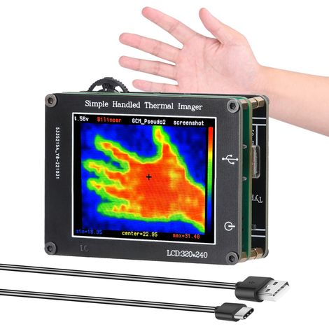 Caméra thermique portable simple avec capteur infrarouge 24 x 32 pixels, écran LCD 2 pouces, résolution 240 x 320, image nette, plage de mesure de température de -40 °C à 300 °C.