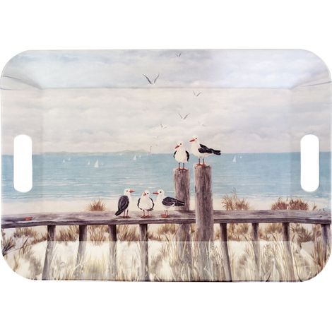 Grand plateau rectangulaire bleu mouettes sur le quai