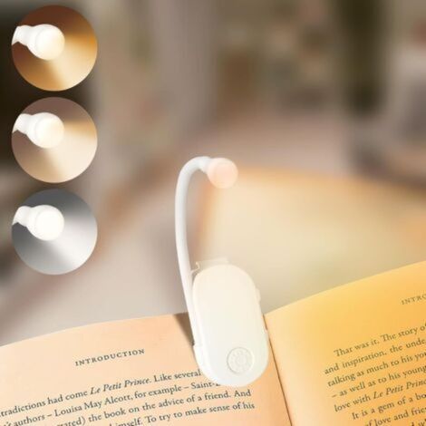 Blanc,Lampe de Lecture à Pince, Liseuse Lampe LED, 360° Lampe Clipsable Pince Luminosité Réglable 3 Couleurs Portable pour Travail Voyage (1/5)