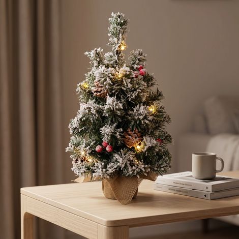 Árbol Navidad Led Nevado 60cm con Piñas y Bolitas Rojas