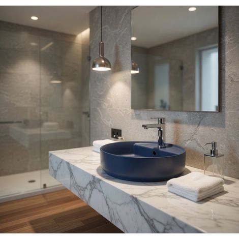 Lavabo tondo da appoggio senza troppo pieno in ceramica con foro rubinetto - Blu Opaco