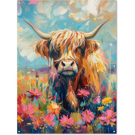 Balcony Privacy Banner Scottish highlander - Nature - Colorful - Flowers 120x160 cm (1/5)