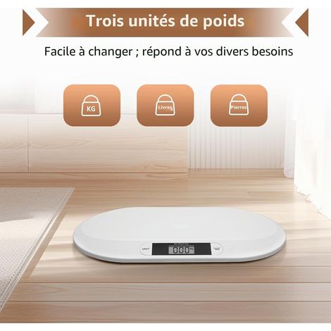 Pèse-personne numérique pour bébé jusqu'à 20 kg, avec écran LCD, fonction tare, 3 unités (kg/lb/st), pour bébés et petits animaux, blanc (1/5)