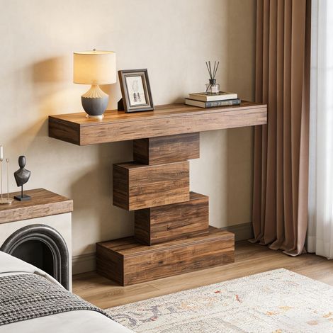 Tavolo consolle 108x30x80 cm marrone scuro in legno con base geometrica e design a livelli (1/5)