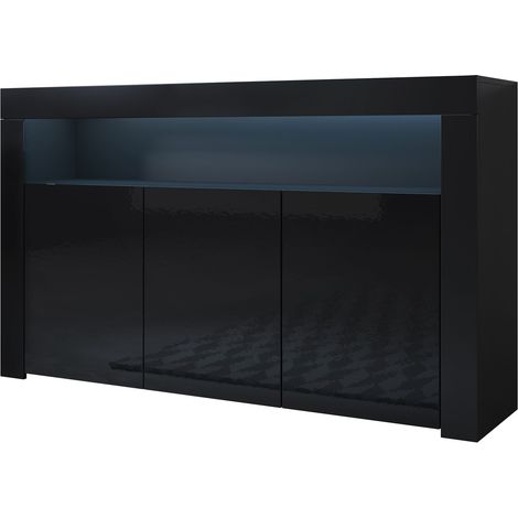 Sideboard Modern mi LED Küchenschrank Kommode Wohnzimmerschrank 3 Türen Aufbewarungsschrank Buffet Esszimmer 155x91x37cm Modell Aker Schwarz Glanz (1/5)