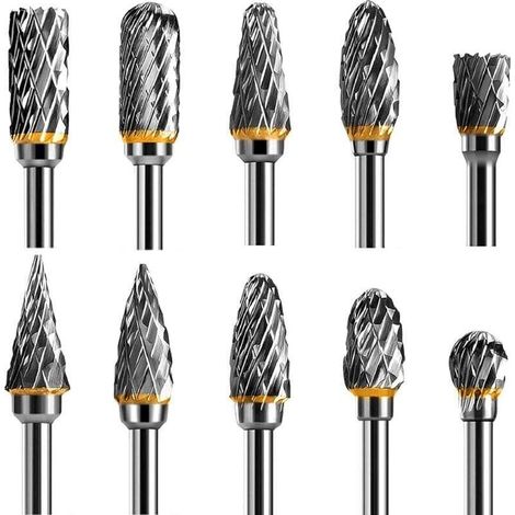 Doppelschneidiger Rotationsfräser-Satz aus Wolframkarbidstahl für Rotationswerkzeuge, 10-teilig, 1/8"-Schaft für Heimwerkerarbeiten, Holzschnitzerei, Metallpolitur, Gravur und Bohren