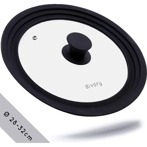 Couvercle universel DIVORY Ø 28, 30 et 32 cm en verre avec rebord en silicone étagé, pour casseroles et poêles, résistant à la chaleur. (1/5)