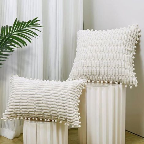 Lot de 2 Housses de Coussin 45x45cm, Velours Côtelé Housse Coussin de Canapé taie Coussin Douce Coussin Canape Boho, Beige (1/4)
