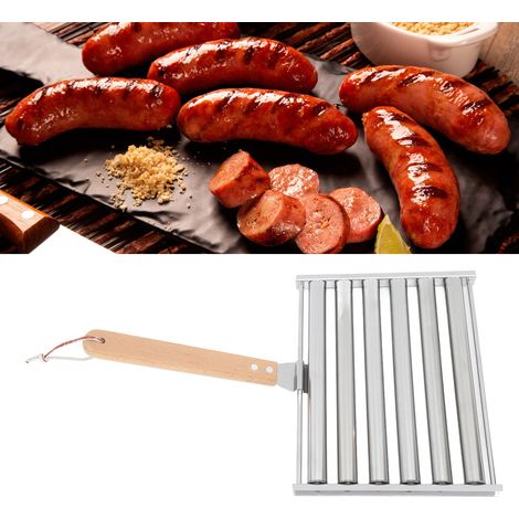 Máquina para hacer salchichas y perritos calientes de acero inoxidable con mango de madera y 4 sondas: diseño de parrilla de 6 brochetas para una cocción uniforme sin que se quemen. (1/5)