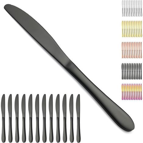 couteaux de table noirs 12pcs, couteaux à beurre en acier inoxydable plaqués noir titane couteau de dîner pour la maison, le restaurant, l’hôtel, va au lave-vaisselle (1/5)