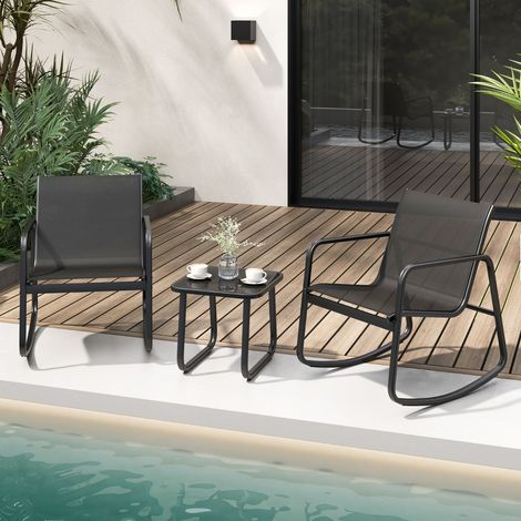 Salon de Jardin 3 Pcs en Métal+Textilène Ensemble Chaises à Bascule et Table en Verre Trempé 2 Personnes Piscine Balcon (1/2)