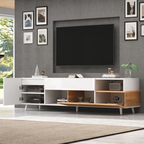Meuble télé 180x38x50cm, buffet bas avec 1 tiroir et porte inférieure, support TV 7 casiers, meuble haut brillant pour salon, compatible écrans jusqu'à 75 pouces