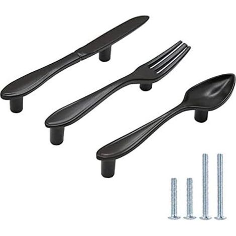 Ersandy – Lot de 3 poignées de meuble en forme de cuillère, couteau et fourchette – Alliage de zinc – Entraxe 76mm – Finition noir mat (1/5)