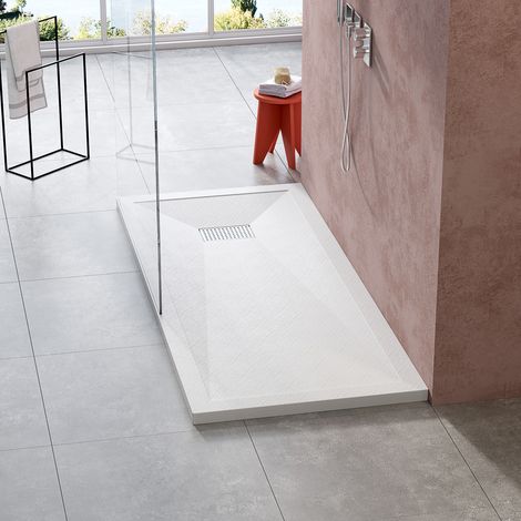 SMC Duschwanne 170x76 cm Dusche weiß Schieferoptik Rutschfest Duschtasse superflach ink. Edelstahlabdeckung mit Ablaufgarnitur