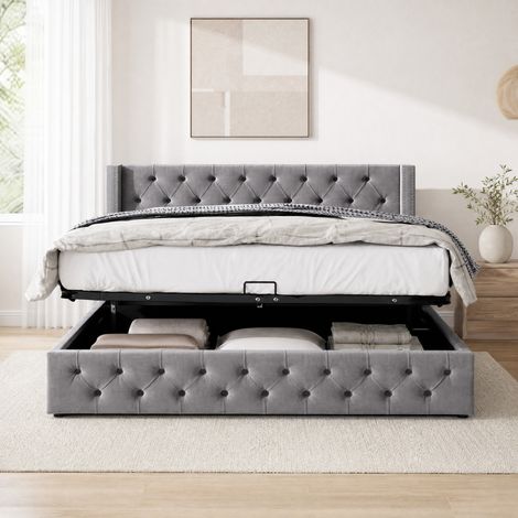 Lit coffre 160x200 capitonné en velours gris HAVRYA (1/5)