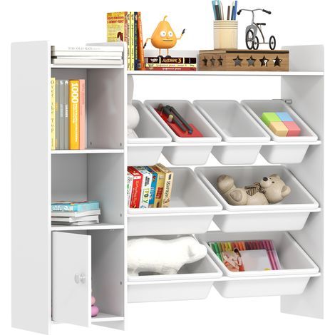 Meuble de rangement jouets enfant, 8 bacs amovibles, étagère organisatrice MDF et acier, 112,5x30x100 cm, blanc, pour chambre 3-8 ans