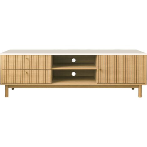 Mueble TV con aspecto de madera ranurada y blanco con cajones y armario de 150 cm TRIX
