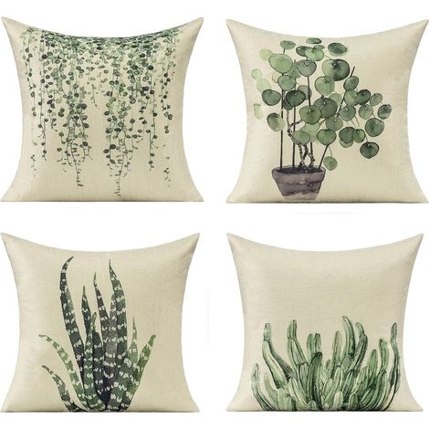 Housse De Coussin - 45 X 45 Cm - Motif Plantes Grasses - Polyester Coton Lin - Pour Canapé Fauteuil Lit Bureau - Lot De 4 (1/5)