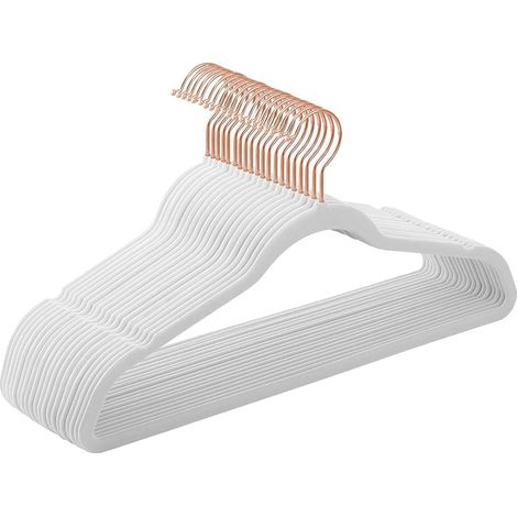 Lot de 20 cintres en velours longueur 42 cm fins et résistants grande capacité de charge avec crochets en rose gold pivotants à 360° pour manteaux chemises blanc (1/4)