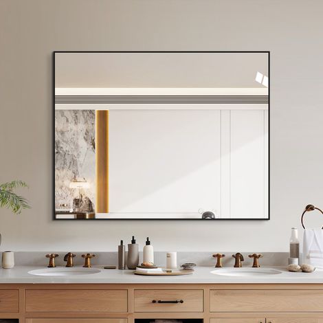 Cadre aluminium noir 70x90 cm, miroir mural de salle de bain HD, pose horizontale ou verticale (1/5)