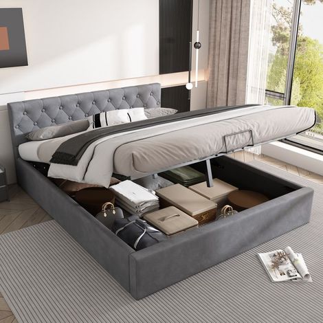 Lit rembourré hydraulique 140x200 cm - velours gris, tête de lit capitonnée, rangement & sommier à lattes (sans matelas) (1/5)