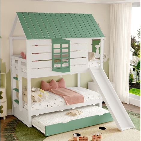 Hochbett 90x200 cm Weiß und Grün aus MDF, Kiefer und Sperrholz mit Rutsche und Ausziehbett (1/5)