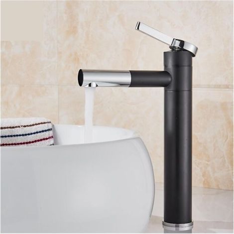 Robinet de lavabo de salle de bain cylindrique noir simple et contemporain, Mitigeur de lavabo - Noir-Chrome,30cm (1/4)