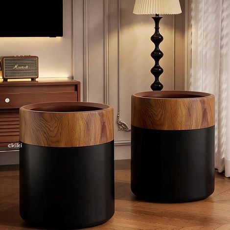 Lot de 2 poubelles cylindriques double paroi sans couvercle imitation bois style médiéval/chic, 10 litres plastique résistant, corbeille à papier déco haut de gamme pour salon, chambre, maison d’hôtes (1/4)