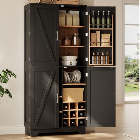 Buffet haut 80x40x180 cm en MDF noir, avec rangement pour salon et salle à manger FLORAGRACE (1/5)