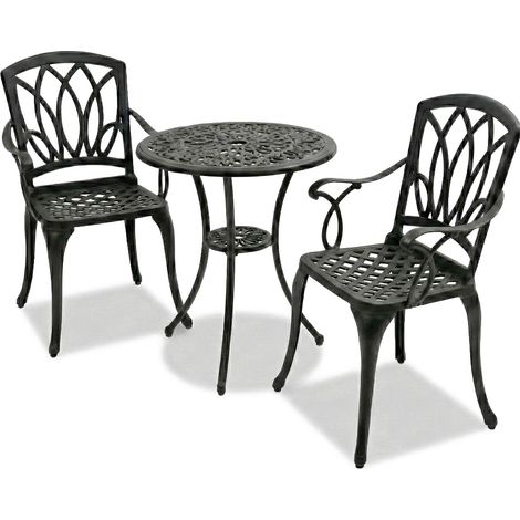 Homeology POSITANO Garden & Patio Table & 2 Large Chairs with Armrests Cast Aluminium Bistro Set - Black (1/5)