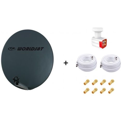Antenne Parabole Fibre SMC 85 cm Anthracite WORLDSAT + LNB Quad 0,1dB HD 4K + 2 Câbles Coax Twin 25m + 8 Fiches F - Visserie en Inox (1/5)