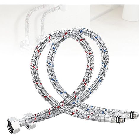 Lot de 2 rallonges de raccordement d'eau - Tuyau flexible 3/8 - 60 cm - En acier inoxydable - Pour cuisine et salle de bain (1/5)