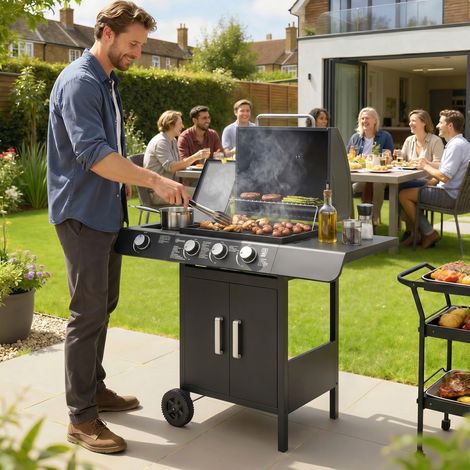 Barbecue à gaz avec couvercle, 4 brûleurs de 11,6 kW, plaque de cuisson, étagère de rangement et 2 roues, 110 x 50 x 100 cm, noir (1/5)