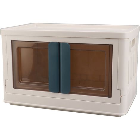 32L Boîte de Rangement Empilable Pliable Blanc Plastique avec Couvercle Porte Avant Ouverte Poignée Bleue (1/5)