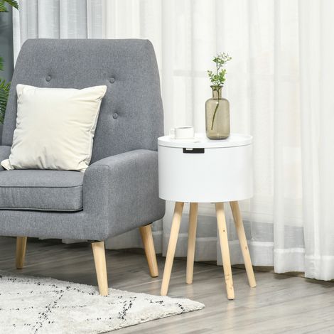 Mesa Auxiliar de Salón Moderna Mesita de Noche con Tapa Extraíble Espacio de Almacenamiento y Patas de Madera para Dormitorio Sofá Esquina Ø38x63 cm Blanco (1/5)