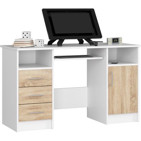 Akord – Bureau droit blanc 124 cm – 3 tiroirs et 5 étagères – Panneau stratifié – Design ergonomique pour espaces étroits