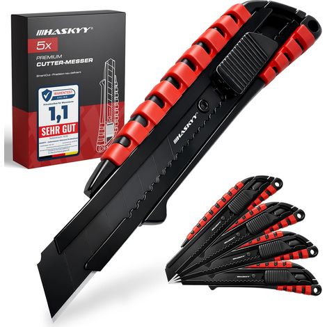 Cutters Couteaux à tapis Universel Professionnel Lot de 5 cutters 18mm avec lame SK5 extra tranchante, corps ergonomique avec rainures en caoutchouc & changement de lame sûr (1/5)