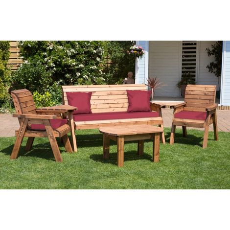 Charles Taylor Wooden Garden 5 Seater Multi Chair Bench Set & Table Red Cushion (1/4)