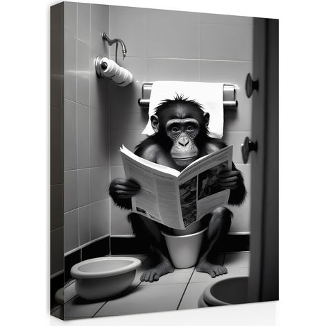 Tableau de salle de bains avec cadre - Image de singe drôle sur les toilettes – Image d’art humoristique pour WC des invités, toilettes ou décor mural de salle de bain avec crochets et vis (1/5)