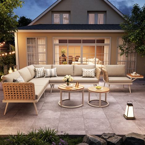 Ensemble de jardin six places en forme de L avec accoudoirs tressés à la main / Angle en fer résistant aux intempéries / Comprend 2 tables basses et fauteuils en bois / Coussins inclus / Gris/Beige (1/4)
