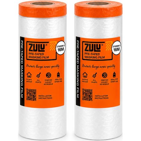 Zulu Pre-Taped Masking Film 2700mm x 16m - Heavy Duty Paint Static Plastic Dust Sheet Protection Film with Masking Tape, 2 Pack (1/4)