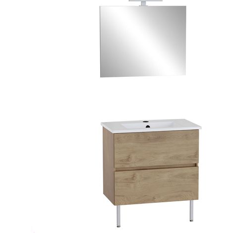 VitrA Pack meuble 80cm chêne doré 2 tiroirs Mia Plus Square, plan céramique, miroir avec éclairage Led (1/3)