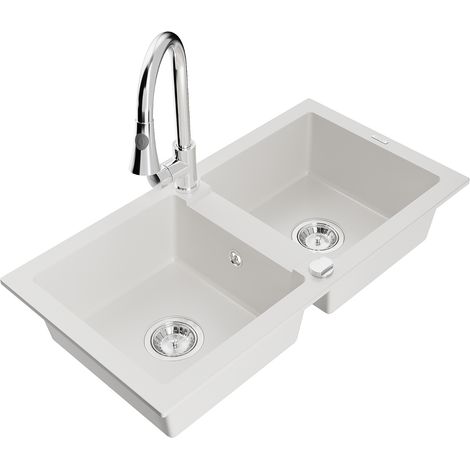 Mexen Mario fregadero de granito de 2 compartimentos con grifo de cocina Elia, blanco - 6504-20-670101-00 (1/5)