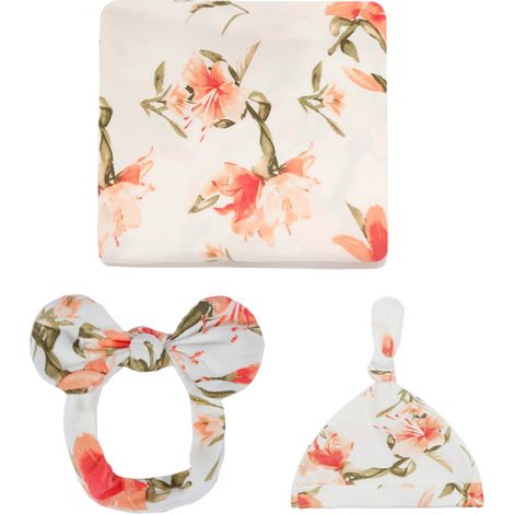 3 pièces Ensemble d'emmaillotage pour nouveau-né, couverture 80x80 cm, bandeau élastique, bonnet de naissance, tissu fibre protéique (1/5)