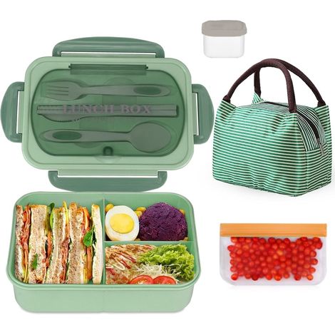 Boîte Bento anti-fuite de 1200 ML pour adultes, Récipient à déjeuner de 3 compartiments sans BPA, adapté au micro-ondes avec ustensiles et sac isotherme, Vert (1/5)
