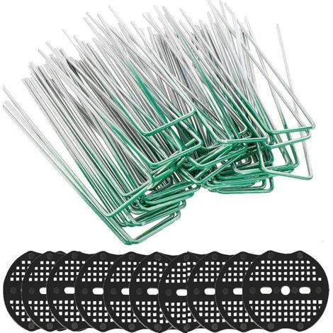 Ensemble De Chevilles De Jardin, 15CM Forme De U Résistant à La Rouille Agrafes à Gazon en Acier Chevilles De Sécurisation Au Sol avec Tampon Laveur pour Fixer Tapis De Sol Tissu(Vert) (1/5)