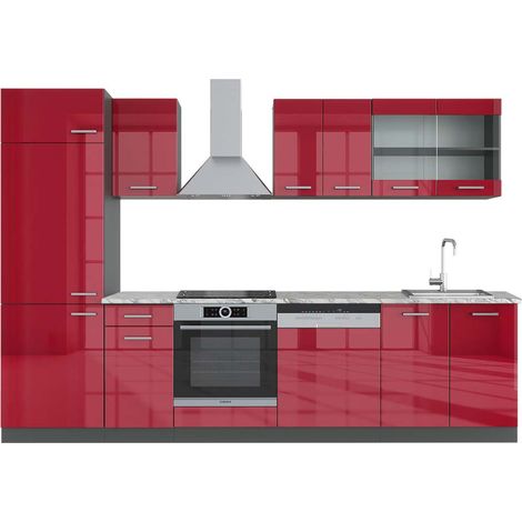 Cuisine R-Line, Rouge brillant/Anthracite, 300cm , PT Marbre, Vicco