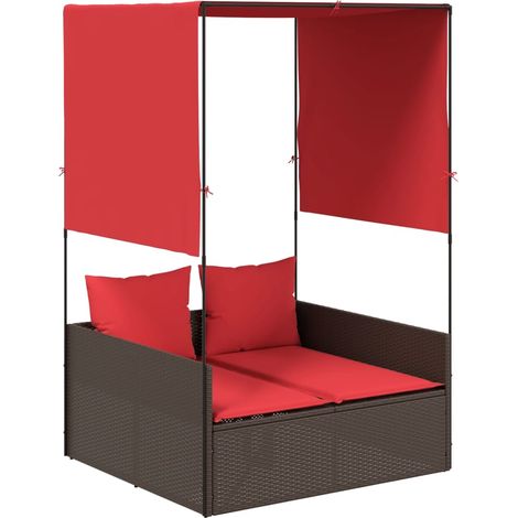 Maison Exclusive - Lettino prendisole doppio con tettoia e tende in Polyrattan Marrone